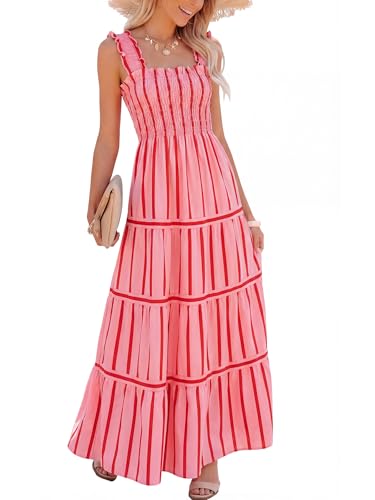 Image of Caracilia Womens Summer Maxi Dresses Floral Smocked Sleeveless Ruffle Boho Casual Flowy Aline Beach Vacation Long Sundress