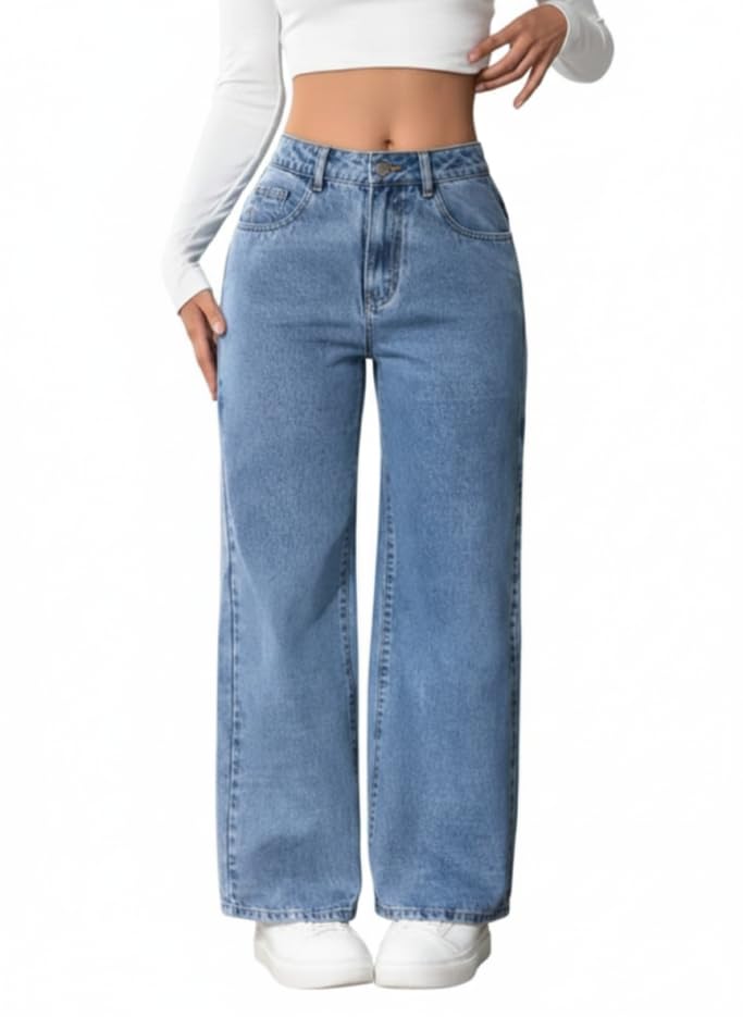 Image of Ice Blue High Waist Wide Leg Denim Jeans for Women.
