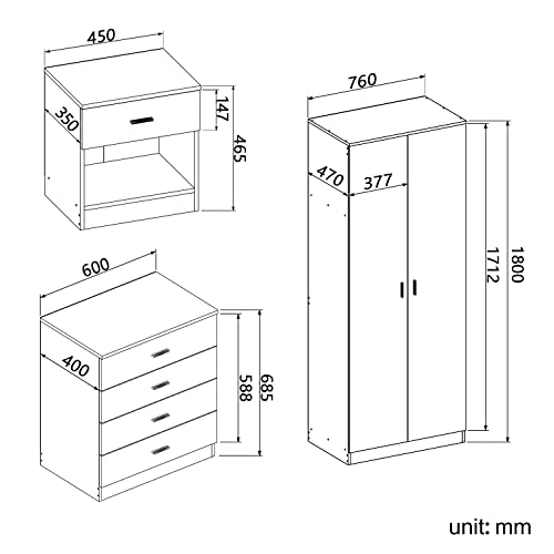 ELEGANT Wardrobe Sets 2 Doors Wardrobe and 3 Drawer Chest and Bedside Cabinet 3 Pcs Sets/ 3 Pcs Sets with Mirror - Image 8