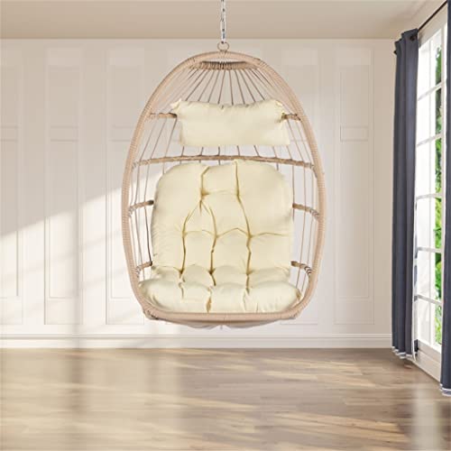 Outdoor Garden Rattan Egg Swing Chair Hanging Chair Wood+Khaki #TOP1