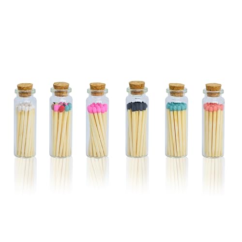 Chandler Studio Colorful Small Match Bottles - Cork Closure - Strike-on Jars - 2” Matchsticks (6 Bottles, 20 Matchticks Bottle)