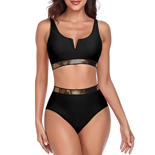 Swimsuits for Women Bikini Swimsuits for Women 2025 Amazon Outlet Today Deals Womens Clothes Sexy Sequin Waist V Neck Slimming Tankini Swimsuits Hot Suit Women's Clothing Black - Image 2