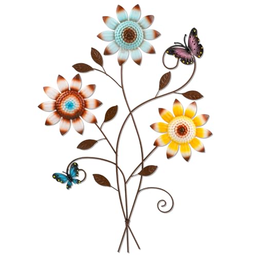 DETENE Décoration Murale de Fleur en Métal Tournesol en Métal pour Deco Jardin avec Papillons Mur Art Fleurs Décorations Suspendues pour Salon Chambre...