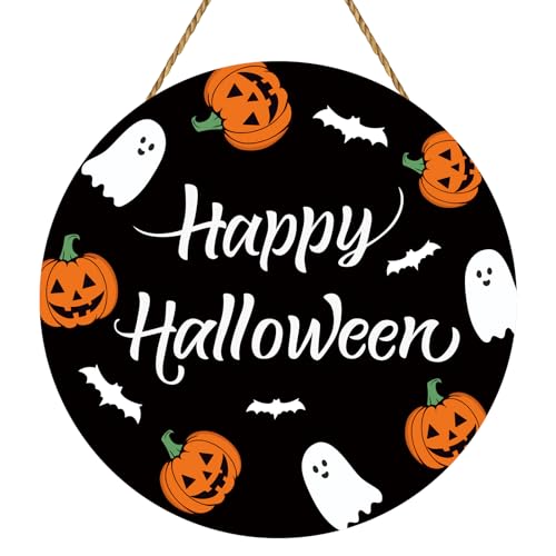 Halloween Door Decorations Happy Halloween Sign Cute Ghost Pumpkin Halloween Decor Wooden Halloween Door Wreath Halloween Door Hanger for Front Door Porch Wall Party Halloween Indoor Home Decor
