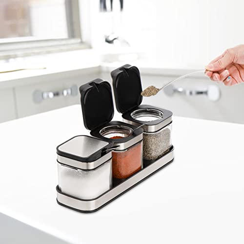 Deayou DE-GLASSSEASONINGBOX-SS-3P 3 Pack Glass Seasoning Box With Tray, Clear Condiment Canister With 18/10 Stainless Steel Lid And Spoon, Kitchen Spice Pot thumb #4