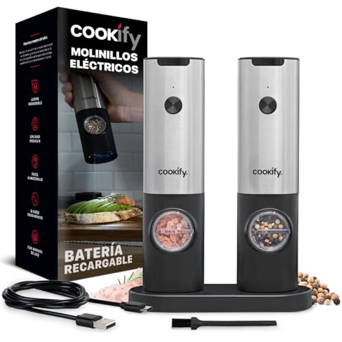Opiniones de Molinillos de especias los mejores 10. 48 Cookify Molinillo Eléctrico de Sal y Pimienta Juego de 2 Piezas con Base Recargable Luz LED, Molino de Especias Ajustable (Plata - Negro)