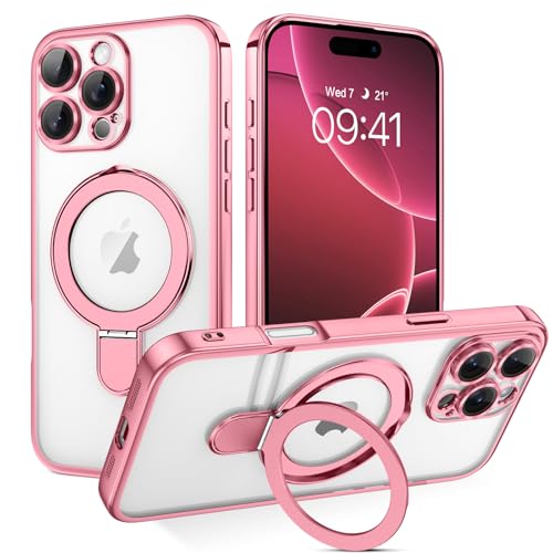 Image of GUAGUA for iPhone 16 Pro Max Case Compatible with Magsafe Clear iPhone 16 Pro Max Cases Plating Edge Invisible Ring Holder Shockproof Protective Kickstand Phone Cover for Phone 16 Pro Max 6.9 inch, Pink