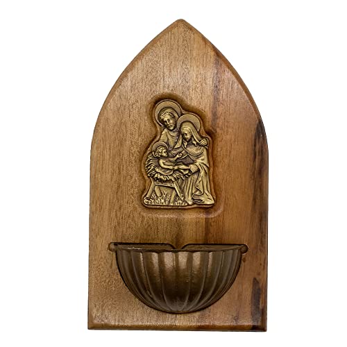 Holy Water Font | Saint Benedict | Our Lady of Grace | Holy Family | Beautiful Wood Base with Bronze-Tone Religious Figures and Holy Water Font | Catholic Home Decor (Holy Family)