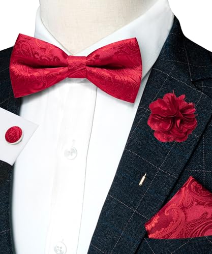 Image of RBOCOTT Paisley Bow Tie and Pocket Sqaure Set with Lapel Pin and Cufflinks for Men
