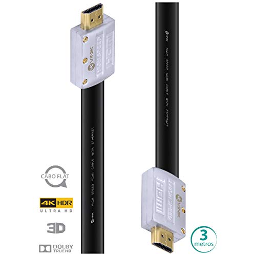 CABO HDMI 2.0 4K ULTRA HD 3D CONEXÃO ETHERNET FLAT COM CONECTOR DESMONTÁVEL 3 METROS - H20FL-3, VINI