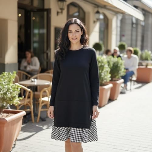 Image of Women Single Piece Long Sleeve Midi Dress with Round Neck Solid Black Body and Checked Hem Panel Boutique Limited One of One Handmade Exclusive Wear Style