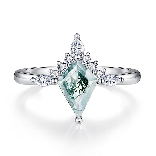 Personalized Promise Rings for Women, Custom Moss Agate Rings for Women, Engravable Promise Rings for Her, Engraving Engagement Ring with Kite Shaped Moss Stone, Plated with White Gold, Wedding Rings