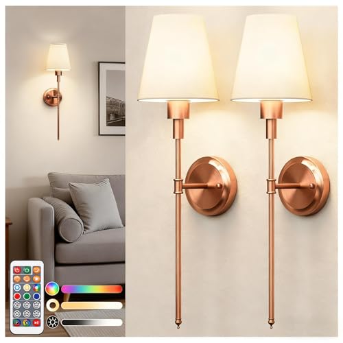 Image of DORESshop Battery Operated Wall Sconce Set of 2, Wireless Wall Light Easy to Install, 7 Color Rechargeable Wall Sconces, Sconce Wall Decor Set of 2 for Bedroom, Living Room, Copper, 24.6in