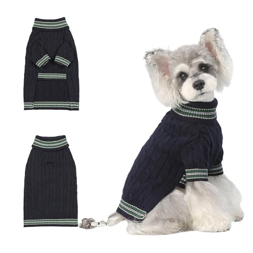 Image of Small /Medium Dog Sweater, Warm Dog Winter Coat w /Sleeves, Comfortable High Neck & Leash Hole, Premium Dog Clothes for Schnauzer-Best for Holidays, Daily Walks M Blue