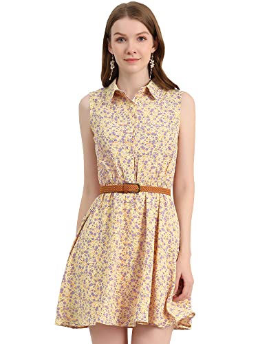 Image of Allegra K Women's Floral Printed Half Placket Above Knee Summer Sleeveless Belted Dress