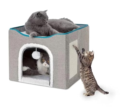 JASDF Cat Beds for Indoor Cats - Large Cat Cave with Fluffy Ball Hanging and Scratch Pad Foldable Cat Hideaway