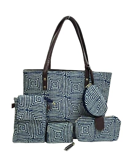 Image of P S Traders Online Women's Traditional Ikkat Cotton 5 Pieces Combo Bag - Blue