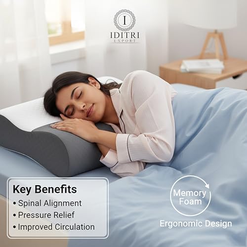 Image of Cervical Neck Pillow Set of 2, Ergonomic Contour Memory Foam for Sleeping, 220 GSM Jacquard Cover, Grey Support Cushion, 48 x 30 x 9 cm, Ideal for Side and Back Sleepers