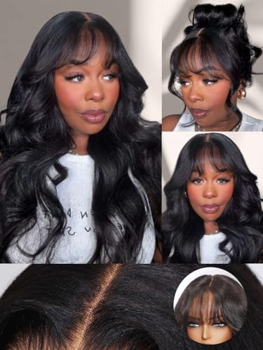 Image of Beauty Forever 13x4 Pre Everything Lace Frontal Glueless Wigs Human Hair Pre Plucked Pre Cut Black Fluffy Natural Loose Wave Curtain Bangs Wig Ready to Wear Wig for Women 150% Density 18 Inch