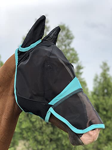 TGW RIDING Horse Mask Full Face Mesh Mask Fine Mesh with Ears and Long Nose (Cob, Black/Turquoise) - Image 7