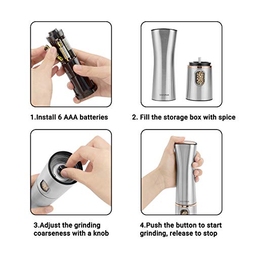 Image of Inkbird Electric Pepper Grinder Mill,Automatic Electric Pepper Grinder,Battery Operated Stainless Steel Pepper Mill Salt Mill with Light,Push Button Adjustable Coarseness