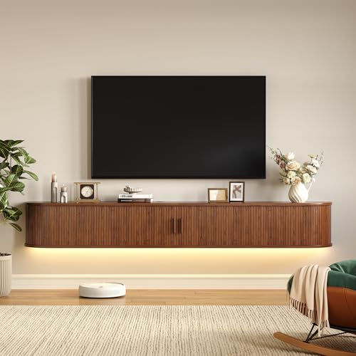 71' Floating TV Stand with Power Outlet for TVs up to 80', Fluted Entertainment Center with Remote Control for LED Lights, Mid-Century Modern TV Console w/Sliding Door for Living Room, Bedroom Walnut