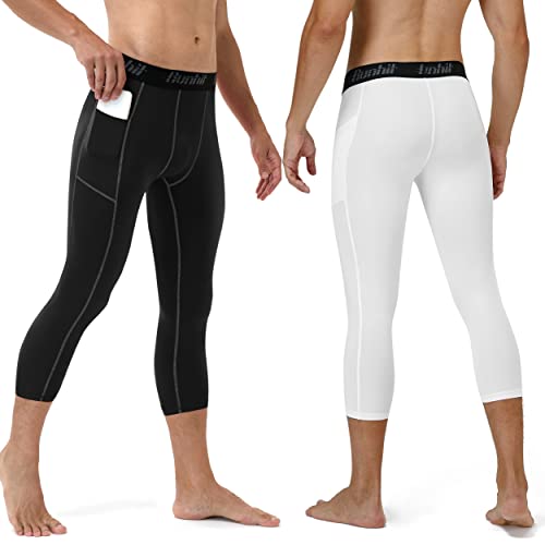 Runhit 3/4 Men's Compression Pants with Pockets,Workout Athletic Tights Leggings Athletic Base Layer Underwear2