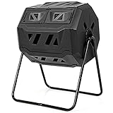 FANTASK 160L Trommel-Komposter, 70x63x93cm, 360° drehbar, Trommelkomposter Doppelkammer mit 2 Schiebetüren & Handschuhe, Kompostbehälter aus PP & Metall, für Garten Balkon (Schwarz)