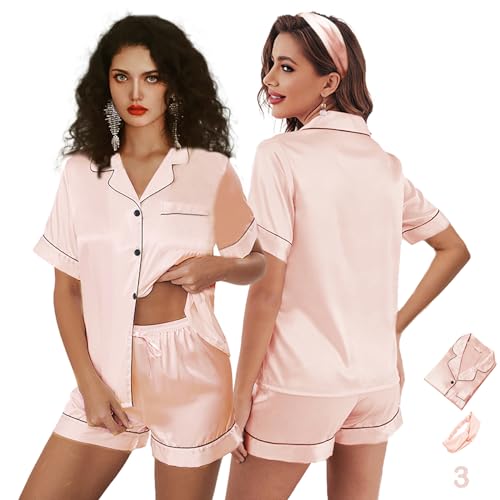 Image of 3Pcs Silk Pajamas XS-4XL Womens Satin Pajama Short Floral Sleepwear Bride Soft Pj Lounge Sets Pjs Shorts Set