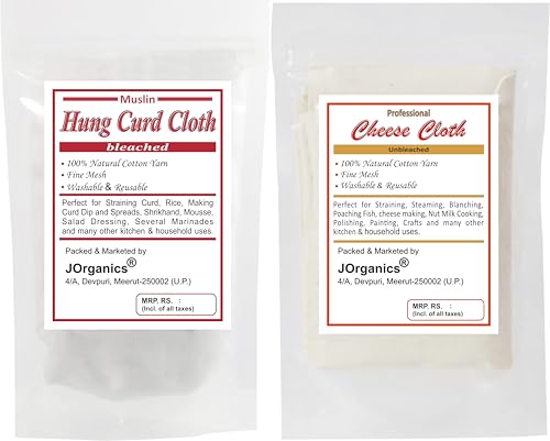 Image of Cotton Hung Curd Cloth Bleached and Cheese Cloth Unbleached Muslin Cloth for Straining Curd, Cheese, Yogurt, Shrikhand, Rice, Mousse. Ideal for Home Use. Set of 2