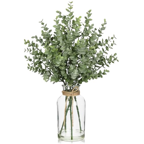 Hollyone Fake Real-Touch Eucalyptus in Glass Vase with Faux Water – Realistic Faux Greenery Decor, 18.9" Tall, Artificial Silver Dollar Eucalyptus Arrangement for Home, Kitchen, Bathroom, Office