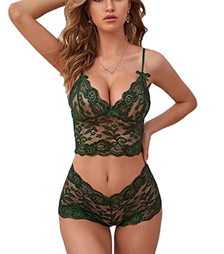 LilosyÂ SexyÂ WomenÂ FloralÂ LaceÂ PajamasÂ LingerieÂ SetÂ HighÂ WaistÂ SheerÂ SleepwearÂ SeeÂ ThroughÂ NightwearÂ BowÂ Ties CamiÂ ShortsÂ BraÂ andÂ PantyÂ 2Â Piece Army Green Large