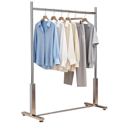 Percheros burro Barra Para Ropa De Acero Inoxidable Plateado, Perchero Resistente Con Base En Forma De T, Carga 136Kg, Estante De Ropa De Una Sola Barra Para Dormitorio, Lavadero, Ti(Size:80X40X160CM)