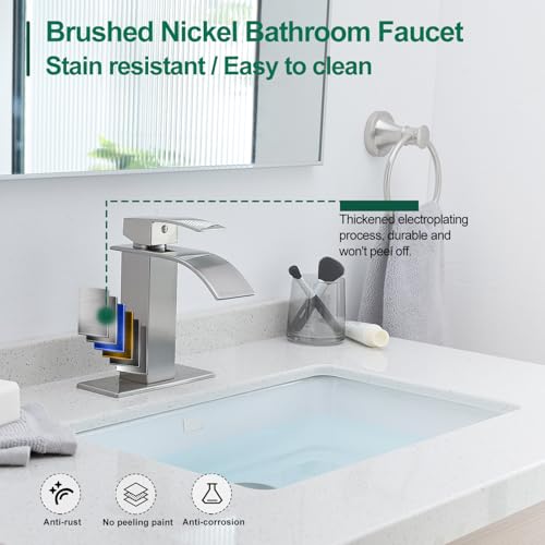 VOTON Bathroom Faucets Brushed Nickel Waterfall Bathroom Sink Faucet Modern Single Handle Bathroom Faucet for 1 or 3 Holes with Deck Plate