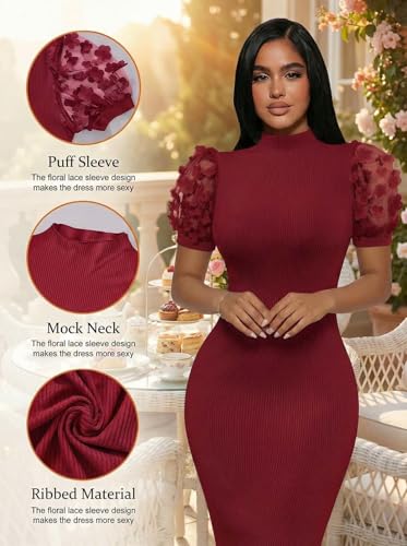 Image of Annystore Women's Mesh See Through Sheer Dress Short Puff Sleeve Bodycon Dress Mock Neck Sexy Club Party Midi Dress Clubwear