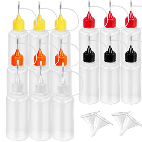 15 Pcs Precision Tip Applicator Bottles 15 Translucent Bottles and 15 Colored Tips, Come with 5 Pcs Mini Funnel for DIY Quilling Craft, Acrylic Painting, 30ml /1 Ounce