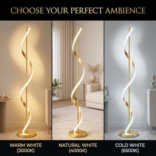 Image of Spiral Floor Lamp 3-Color CCT (Warm + Natural + Cold White) Gold Aluminium LED Standing Lamp for Living Room Bedroom Home Decor
