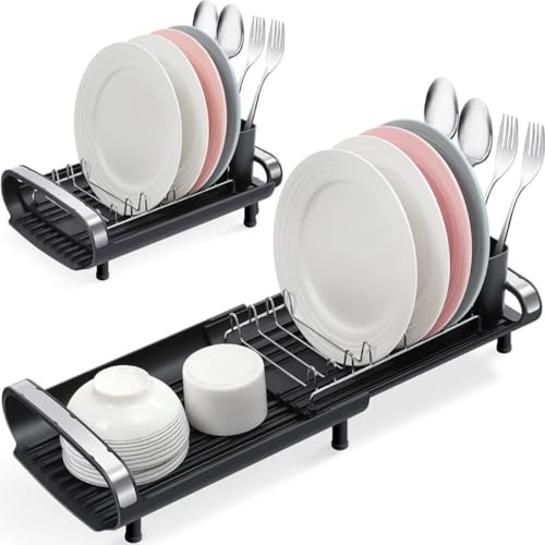 Image of HomeCloud Dish Drying Rack, Kitchen Counter Small Dish Drainers Rack Expandable(31cm to 47cm) in Sink Dish Drying Rack Auto-Drain Compact Stainless Steel Dish Strainers with Utensil Caddy (Black)