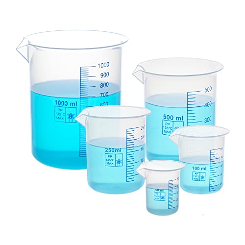Image of Supertek Reusable Measuring Beakers 50ml, 100ml, 250ml, 500ml, 1000ml - Set of 5 | Transparent Polypropylene Plastic Measuring Cup for Lab Experiments, Kitchen & Cooking | Liquid & Solid Measurement