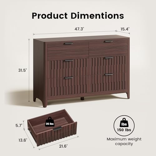 Image of Fluted 6 Drawer Dresser for Bedroom, 48'' Wide Wooden Chest of Drawers with Metal Handles, Modern Dresser TV Stand, Wood Clothing Storage Organizer for Bedroom, Living Room, Walnut