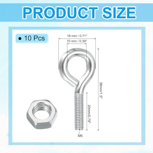 Image of PATIKIL M5x20mm Eye Bolts, 10 Pcs Carbon Steel Threaded Eyebolt Eye Hooks Screws with Nut for Hanging or Securing Cables Silver
