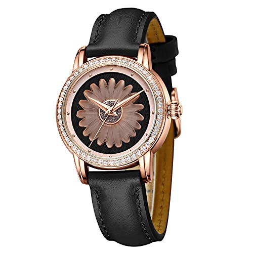 Damenuhr Damen Analog Quarz Armbanduhr mit Lederarmband Diamant Minimalistische Mode Schwarz Damenuhr Cover