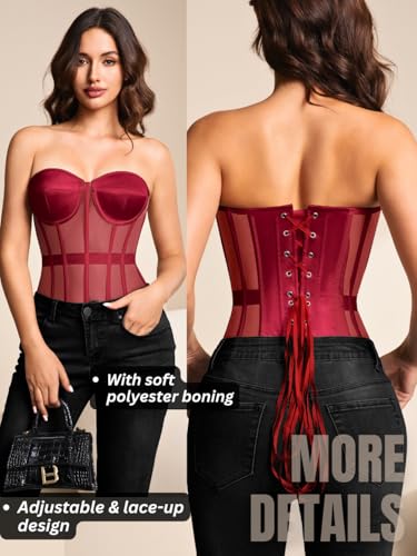 Image of Kaei&Shi Sheer Mesh Overbust Corset,Sexy Strapless Lace Up Satin Bra Corsets Top For Women Shapewear