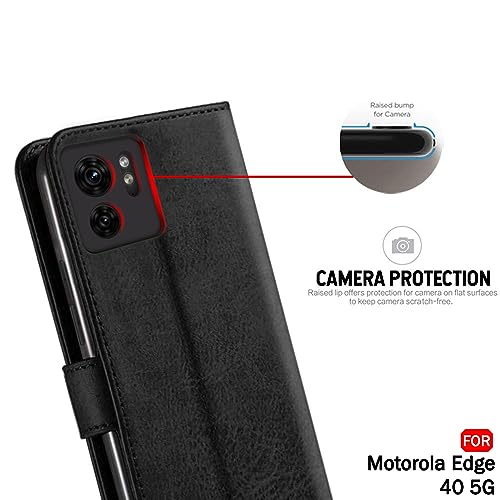 Image of TheGiftKart Flip Cover Back Case for Motorola Moto Edge 40 5G | Genuine Leather Finish | Designer Button | Inbuilt Pockets & Stand | Wallet Style Flip Case Cover for Moto Edge 40 (Faux Leather, Black)