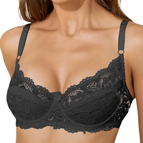 Générique Classic Women's Comfortable Lace Underwired Bra with Adjustable Thin Cups, Perfect for Everyday Use and Versatile Style Options, Black, 28B
