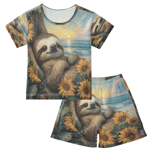 ALAZA Sloth Ocean Beach Sunflower Pajamas Set Short Sleeve Cotton Sleepwear Summer Pjs 2 Piece 5-14Y