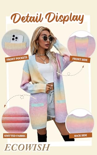 ECOWISH Womens Cardigan Sweaters Fall Winter Knitted Rainbow Color Block Striped Cozy Kimono Long Sleeve Open Front Pockets4