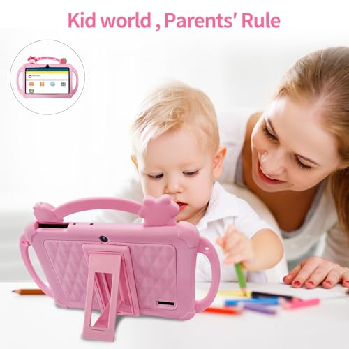 Image of PRITOM 7-inch Android Tablet, 2GB RAM, 32GB Storage, Quad-core Processor, 1024x600 IPS Display, Wi-Fi and Bluetooth, Shock-Resistant Protective case, Built-in Parental Controls (Pink)