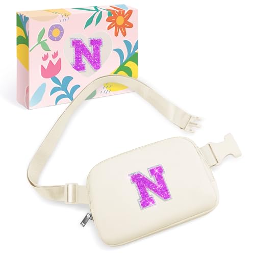 Image of COSHAYSOO Initial Letter Fanny Pack for Girls Personalized Christmas Birthday Gifts for 6 7 8 9 10 11 12 Year Old Teen Girl, Girly Fashion Crossbody Purse Belt Bag Preteen Tween Trendy Stuff Ivory N