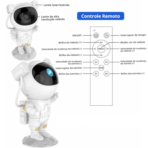 Astronauta Projetor De Luz Luminária Estrela Noturna Galáxia Nebulosa Led USB C/Controle Remoto Deco